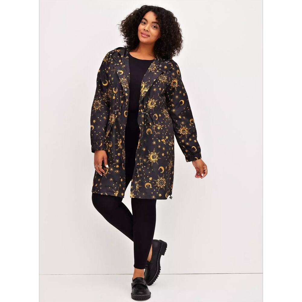 TORRID Celestial Moon/Star Longline Raincoat Rain Jacket Black/Gold Size 3X